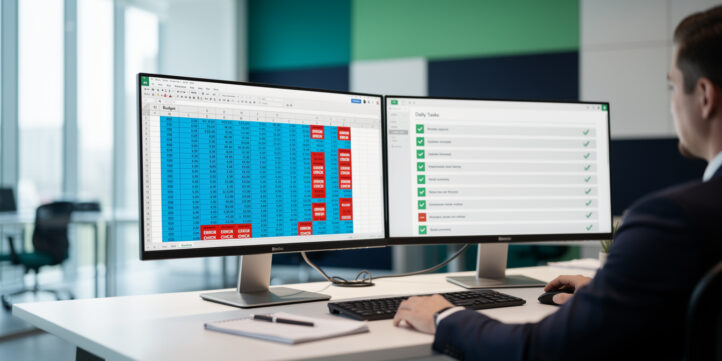 Financial analyst validating a financial model on dual monitors with a structured checklist