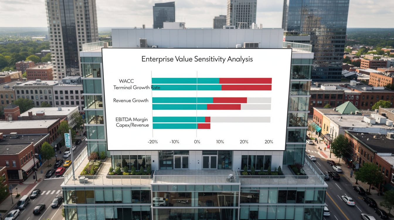 Tornado chart showing DCF enterprise value sensitivity to five key input variables | eFinancialModels Tornado chart showing DCF enterprise value sensitivity to five key input variables