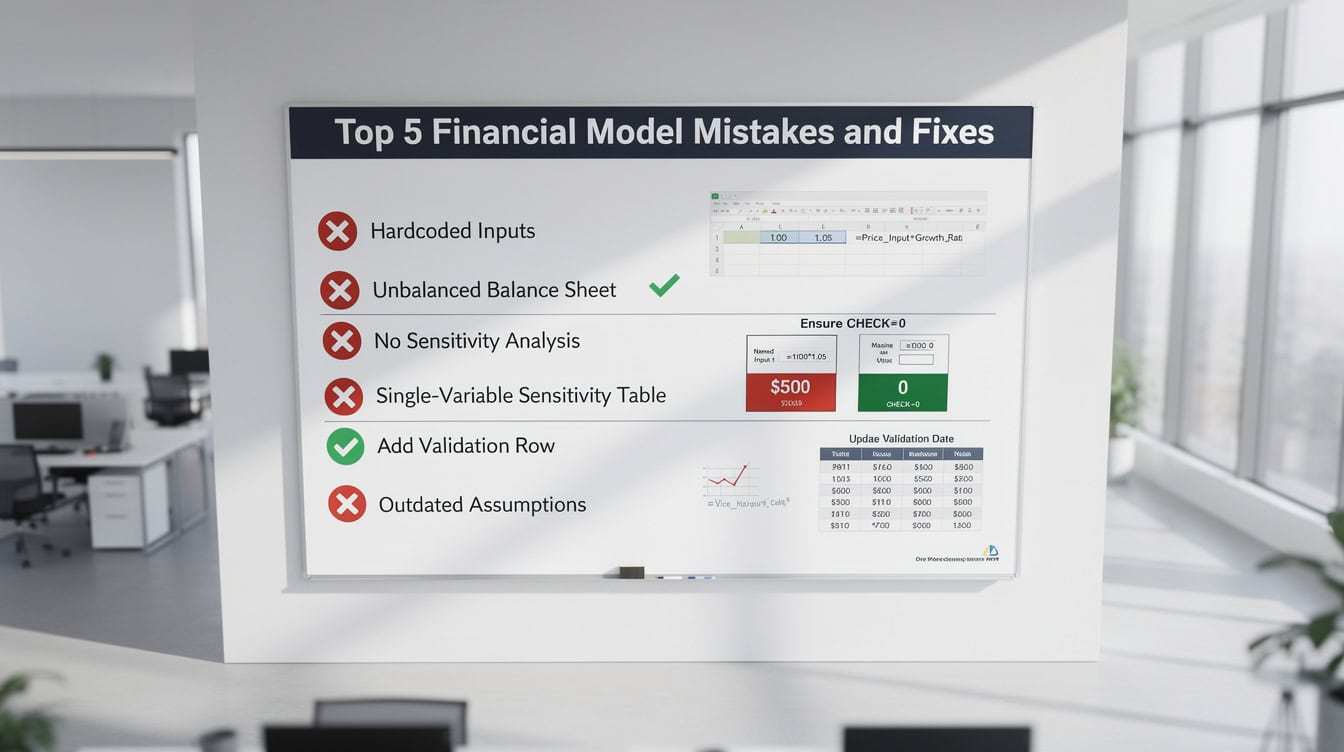 Five common financial model validation mistakes with their fixes shown as before-and-after icons | eFinancialModels Five common financial model validation mistakes with their fixes shown as before-and-after icons
