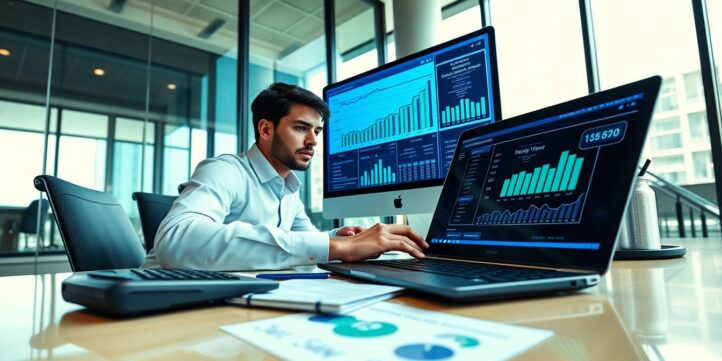 Business owner analyzing investment return charts and financial projections on a laptop with growth graphs and a calculator