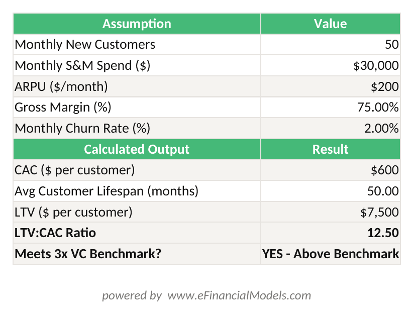 Excel worksheet showing SaaS unit economics calculation with CAC of 0 LTV of 00 and LTVCAC ratio of 125x formatted with blue input cells and highlighted result rows | eFinancialModels Excel worksheet showing SaaS unit economics calculation with CAC of 0, LTV of ,500, and LTV:CAC ratio of 12.5x, formatted with blue input cells and highlighted result rows