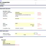 Parameters section of Project Healthcare financial model showing status and key data.