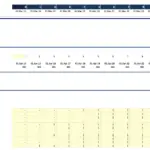 Financial calendar template displaying periods, forecast flags, and event dates.