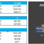 Chart showing annual revenue comparison for No Topping, Fruit, and Two Toppings from FY 2018 to FY 2020 with break-even revenue summary.