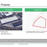 Aerial view of mixed-use logistics building with area details and cadaster plan.