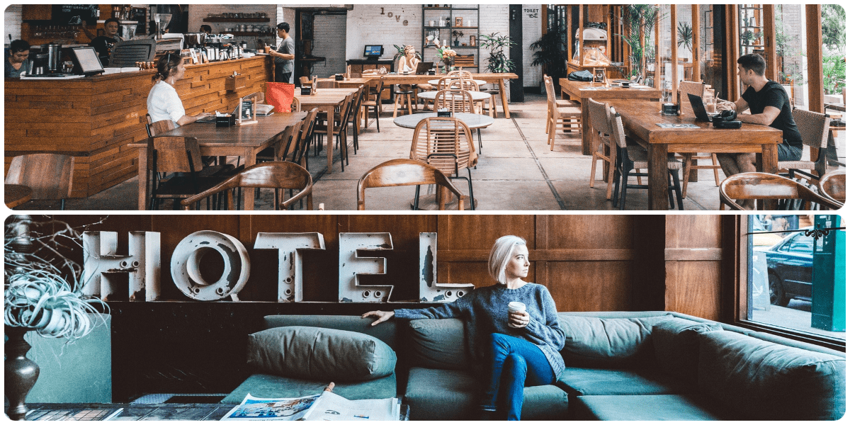 Cozy café with wooden decor and modern hotel lounge with neon letters.