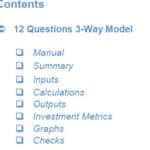 Navigation Overview of 12 Questions 3-Way Model | eFinancialModels Navigation menu highlighting sections of the 12 Questions 3-Way financial model.
