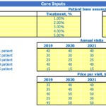 Birth Center Financial Forecast Core Inputs Dashboard | eFinancialModels Financial model dashboard showing treatments, patient visits, and pricing data for a birth center.