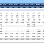 Cash flow statement showing monthly projections for operating, investing, and financing activities.