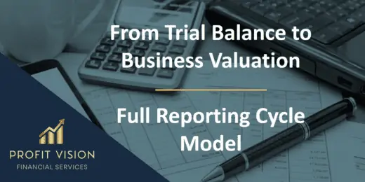 Financial model template illustrating reporting cycle from trial balance to business valuation.