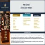 Table of contents detailing sections of the pet shop financial model, including setup reports, year 1 reports, and forecast reports.