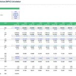 Financial assumptions for NPV calculation showing revenue, costs, and cash flows through 2032.