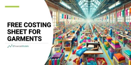 Garment factory scene showcasing workers and colorful fabrics, promoting a costing sheet for the industry.