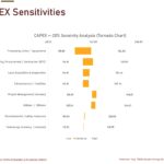 Tornado chart showing CAPEX sensitivity by category with variance levels.