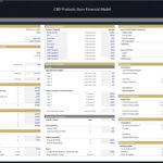 Financial model assumptions layout showing startup expenses and funding sources for a CBD products business.