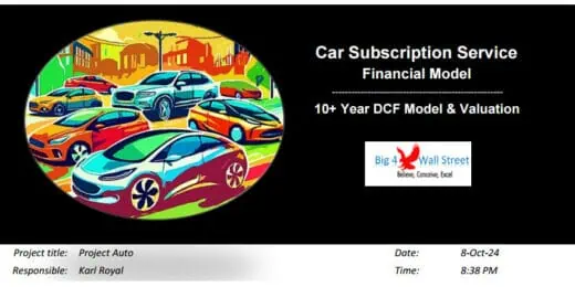Financial model presentation for a car subscription service with project details and DCF valuation.