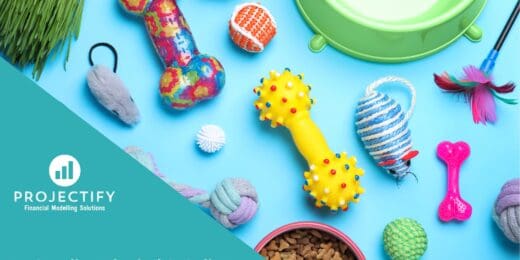 Assorted pet supplies on blue background for financial projections in the pet industry.