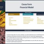 Table of contents for a cocoa farm financial model template detailing reports and financial analysis sections.