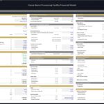 Financial model assumptions including startup costs and revenue breakdown for a cocoa processing facility.
