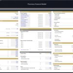 Spreadsheet layout showing assumptions for pharmacy financial planning.