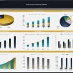 Dashboard visual of a pharmacy financial model showing revenue sources, expenses, and cash flow metrics.