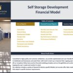 Table of contents for a self storage development financial model highlighting reports and setups.