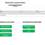 Wind Farm Financial Model Template Screenshot | eFinancialModels Screenshot of wind farm financial model template with highlighted input cells and output pages.