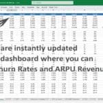 Excel MRR dashboard showing revenue, subscriber, and churn metrics updates.