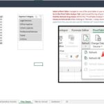 Excel spreadsheet with pivot table showing expense categories and a refresh button for financial analysis.