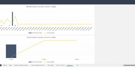 Monthly and annual expense summary dashboard comparing actual vs. budget.
