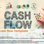 13-week cash flow template cover with key financial concepts and customizable features displayed.