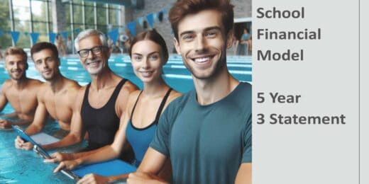 Group of smiling individuals at a swimming pool for a financial model illustration.
