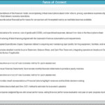 Table of contents detailing sections for inputs, calculations, and financial outputs in a financial model.