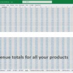 Revenue totals for multiple products in a financial model Excel spreadsheet.
