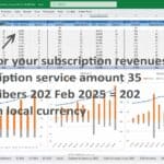 Financial model dashboard displaying subscription metrics, including revenue and subscriber trends.