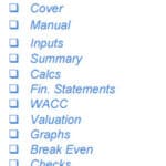 Checklist of components in an online financial model template.