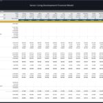 Monthly cash flow analysis for senior living, detailing costs, revenue, and net income projections.