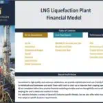 Table of contents for LNG liquefaction financial model, detailing reports and assumptions.