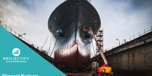Ship undergoing maintenance, highlighting financial projection in shipbuilding.