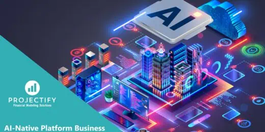 Colorful digital illustration of an AI business financial model with coding and cityscape elements.