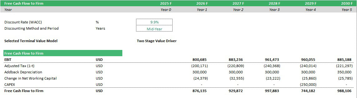 Free Cash Flow to Firm Projections (2025-2030) | eFinancialModels Projected Free Cash Flow to Firm with detailed yearly breakdown