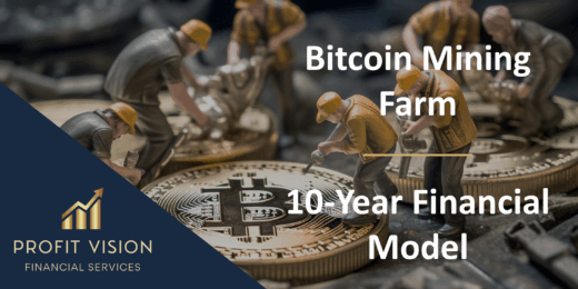 Visualization of a bitcoin mining farm with financial modeling details.