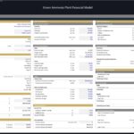 Financial model assumptions for a green ammonia plant, including revenues, costs, and equity details.