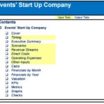 Navigation menu for Events' Start Up Company financial model sections.