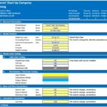 Financial model details for Events' startup, including timelines and color coding conventions.
