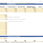 Padel club input drivers detailing revenue streams and marketing assumptions in Excel.