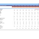 Detailed table of financial ratios like ROI, ROA, ROE, profit margins, liquidity, activity, and leverage ratios spanning ten years in a startup business plan