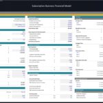 Key assumptions for a subscription business model, including revenues, costs, and financing details.