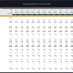 Monthly budget table detailing revenues, expenses, and net income for a subscription business model.