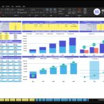 Excel dashboard showing company financials with tables and multiple charts (revenue, costs, EBITDA) for 2026–2030 across sections like Cash Flow and KPIs, with blue and purple color blocks on a dark theme interface.